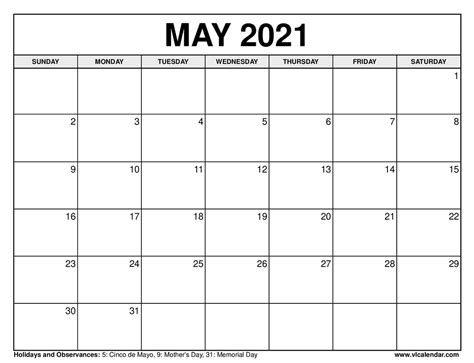 Calendar 2021 May Printable